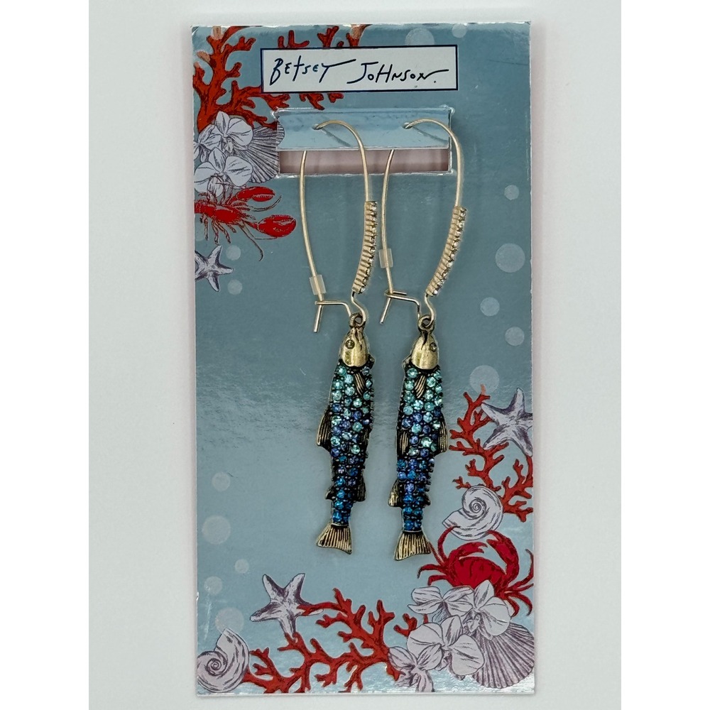 NWT Betsey Johnson Mermaid Crystal Jewels Sardines Fish Drop Earrings